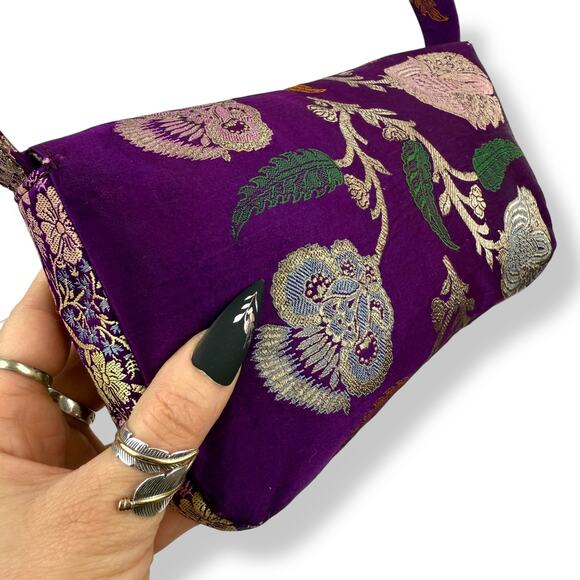 90's designer purple floral silk shoulder bag by SARAH SHAW LOS ANGELES - Picture 3 of 16